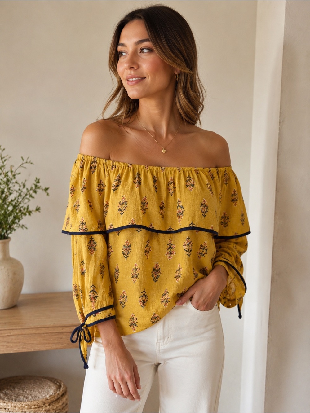 Sweet Wanderer Mustard Floral Off-Shoulder Ruffle Blouse